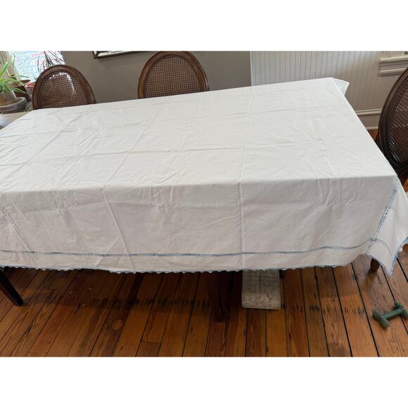 Vintage Embroidered Lace Trim White Cotton Flat Sheet - Picture 1 of 11